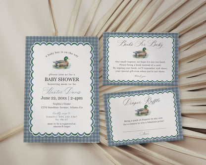 Mallard Baby Shower Bundle Printable, Editable Lucky Duck Baby Shower Decor for Boy, Adventure Duck Hunting Shower with Blue Gingham