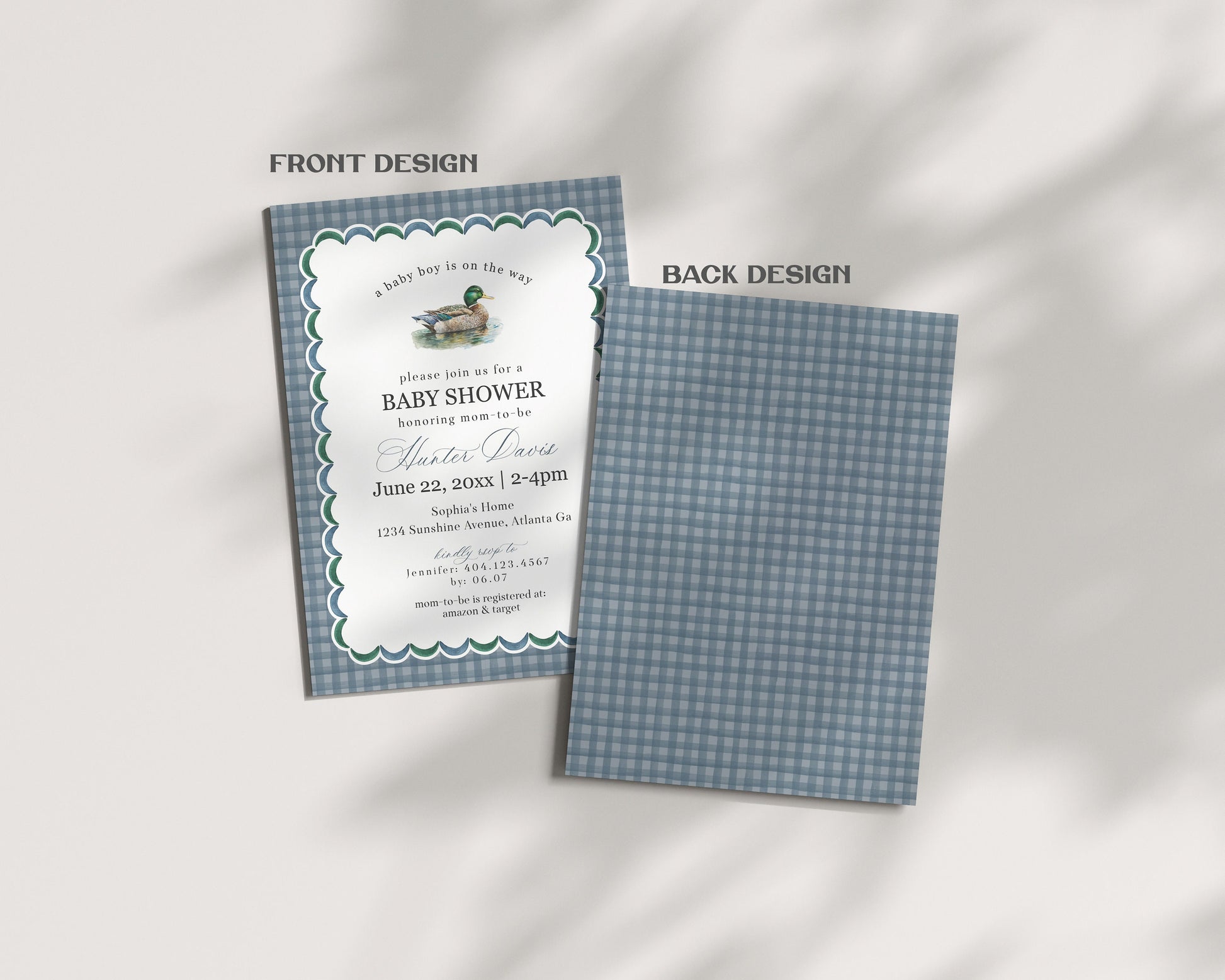 Mallard Baby Shower Invite Printable Template, Editable Lucky Duck Baby Shower Decor for Boy Adventure Duck Hunting Shower with Blue Gingham