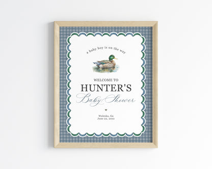 Mallard Baby Shower Welcome Sign Printable Template, Editable Lucky Duck Boy Baby Shower Decor, Adventure Duck Hunting Shower Blue Gingham