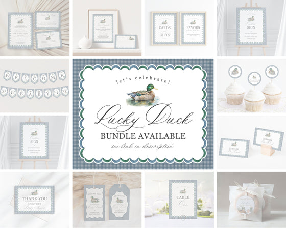 Mallard Baby Shower Welcome Sign Printable Template, Editable Lucky Duck Boy Baby Shower Decor, Adventure Duck Hunting Shower Blue Gingham