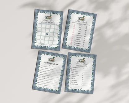 Mallard Baby Shower Games Printable Templates, Editable Lucky Duck Baby Shower Decor for Boy Adventure Duck Hunting Shower with Blue Gingham