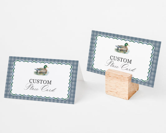 Mallard Place Card Printable Template, Editable One Lucky Duck Birthday Party Decor for Boy, Adventure Baby Shower with Blue Gingham