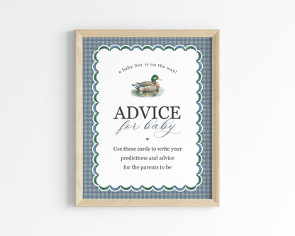 Mallard Advice and Predictions for Baby Cards Printable Template, Editable Lucky Duck Baby Shower Game for Boy Adventure Duck Hunting Shower