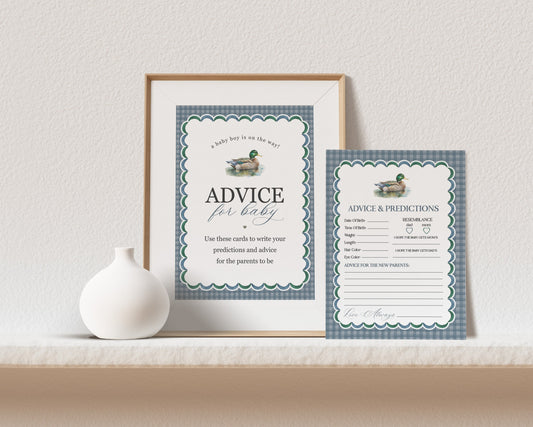 Mallard Advice and Predictions for Baby Cards Printable Template, Editable Lucky Duck Baby Shower Game for Boy Adventure Duck Hunting Shower