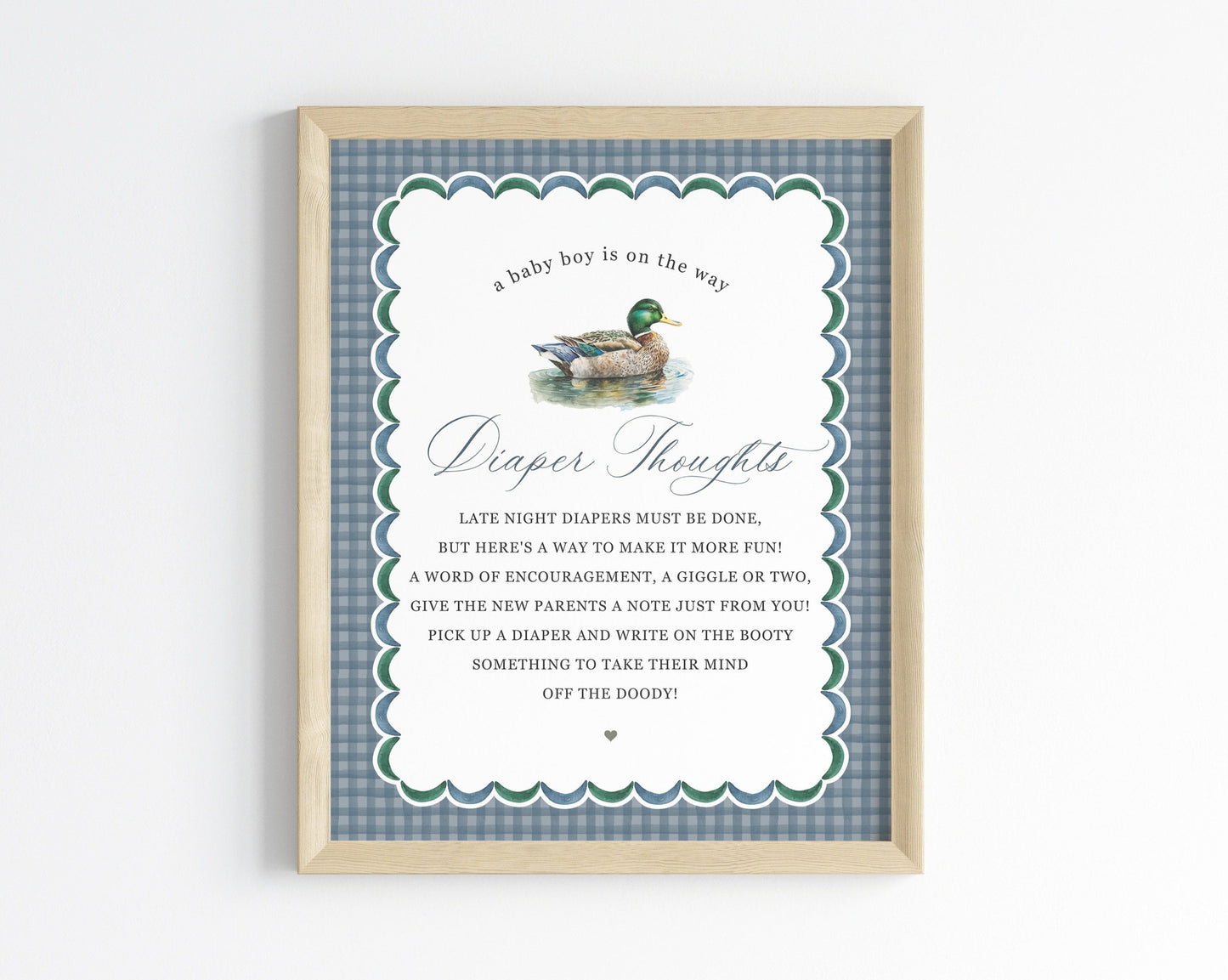 Mallard Diaper Thoughts Printable Template, Editable Lucky Duck Baby Shower Decor for Boy, Adventure Duck Hunting Shower with Blue Gingham