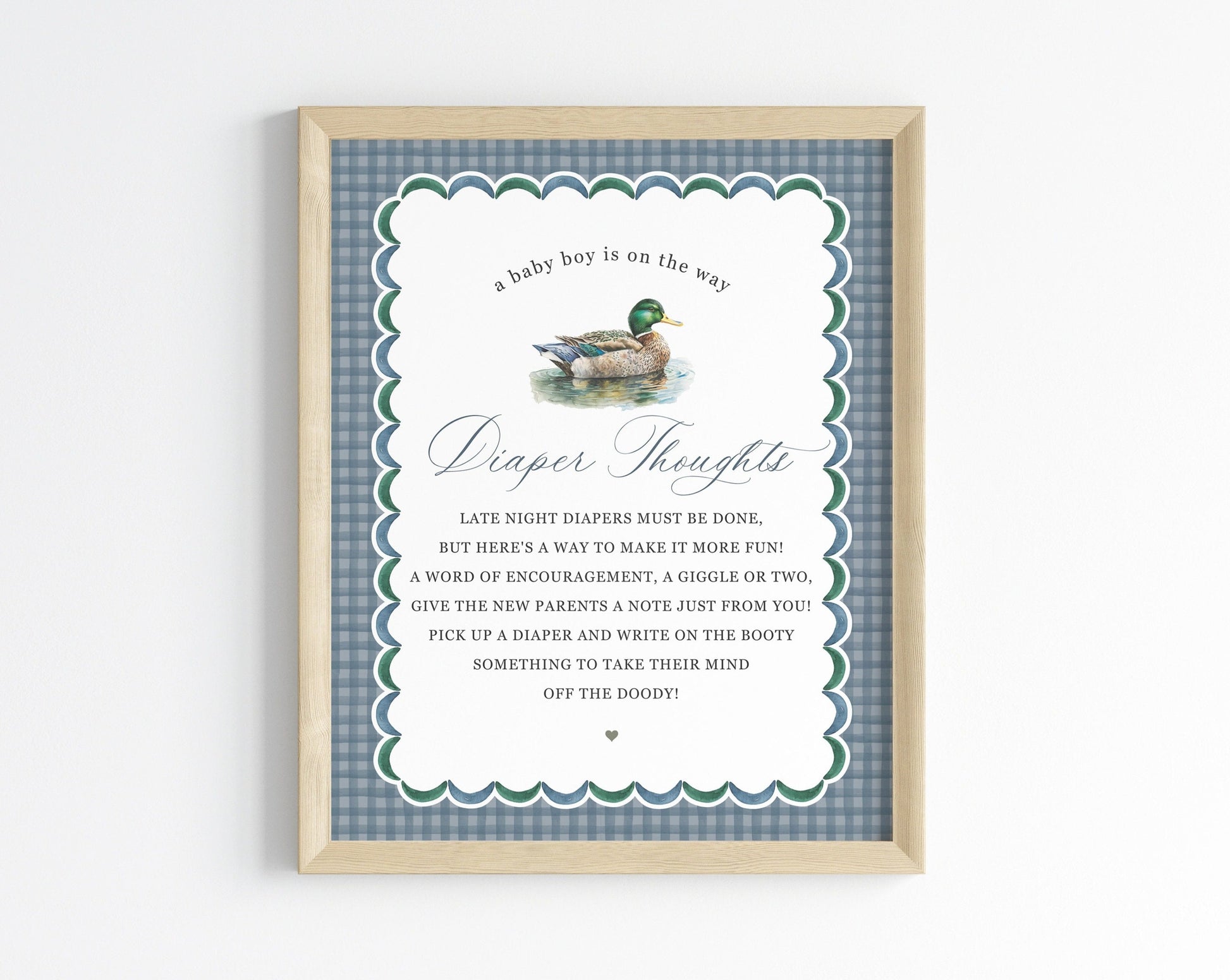 Mallard Diaper Thoughts Printable Template, Editable Lucky Duck Baby Shower Decor for Boy, Adventure Duck Hunting Shower with Blue Gingham