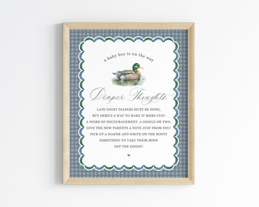 Mallard Diaper Thoughts Printable Template, Editable Lucky Duck Baby Shower Decor for Boy, Adventure Duck Hunting Shower with Blue Gingham