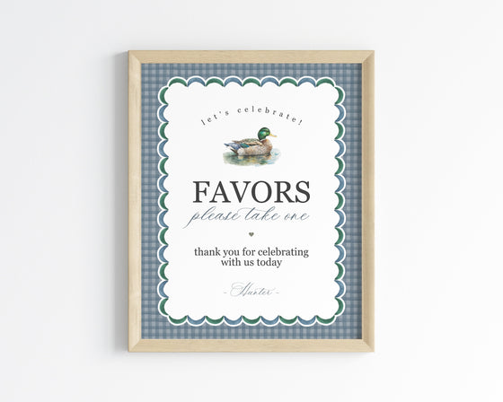 Mallard Cards & Gifts and Favors Sign Printable Template, Editable One Lucky Duck Birthday Party Decor for Boy Adventure Baby Shower Gingham