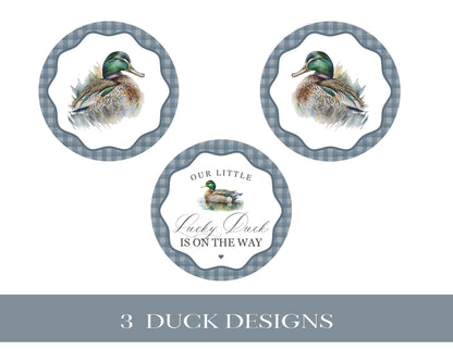 Mallard Baby Shower Cupcake Toppers Printable Template, Editable Lucky Duck Baby Shower Decor for Boy, Adventure Shower with Blue Gingham