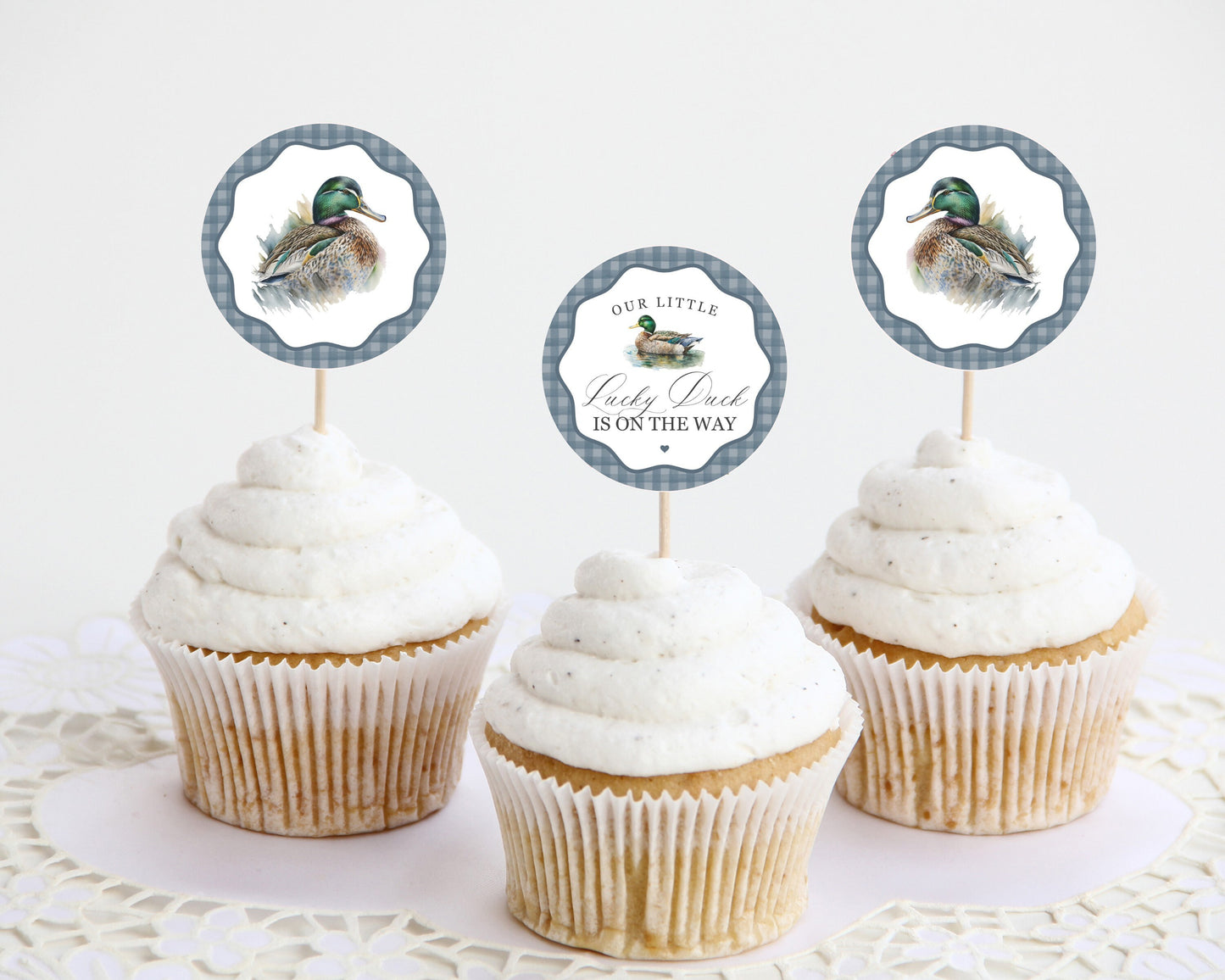 Mallard Baby Shower Cupcake Toppers Printable Template, Editable Lucky Duck Baby Shower Decor for Boy, Adventure Shower with Blue Gingham