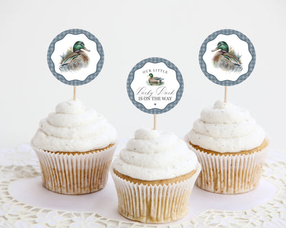 Mallard Baby Shower Cupcake Toppers Printable Template, Editable Lucky Duck Baby Shower Decor for Boy, Adventure Shower with Blue Gingham