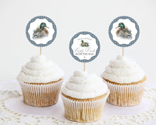  Mallard Baby Shower Cupcake Toppers Printable Template, Editable Lucky Duck Baby Shower Decor for Boy, Adventure Shower with Blue Gingham