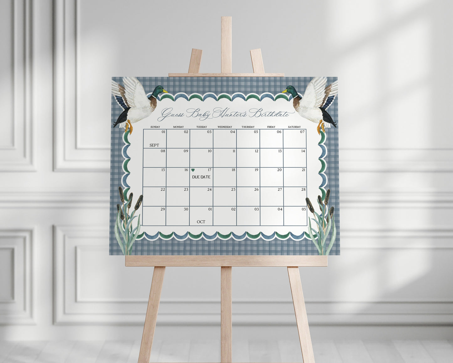 Mallard Baby Shower Guess the Date Game Calendar Template, Editable Lucky Duck Baby Shower Decor for Boy, Adventure Duck Hunting Shower