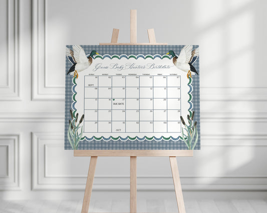 Mallard Baby Shower Guess the Date Game Calendar Template, Editable Lucky Duck Baby Shower Decor for Boy, Adventure Duck Hunting Shower