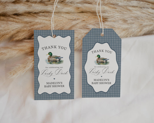 Mallard Favor Tags Printable Template, Editable One Lucky Duck Birthday Party Decor for Boy, Adventure Baby Shower with Blue Gingham