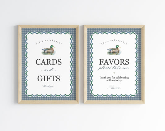 Mallard Cards & Gifts and Favors Sign Printable Template, Editable One Lucky Duck Birthday Party Decor for Boy Adventure Baby Shower Gingham