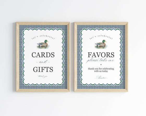 Mallard Cards & Gifts and Favors Sign Printable Template, Editable One Lucky Duck Birthday Party Decor for Boy Adventure Baby Shower Gingham