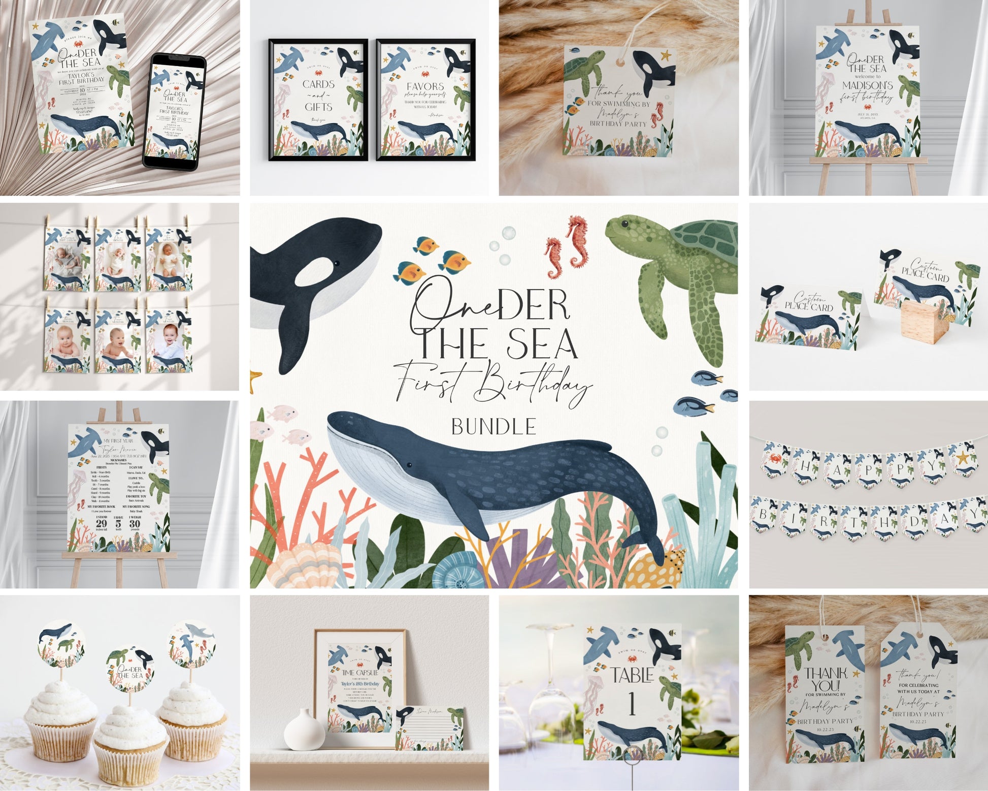 One-der The Sea First Birthday Bundle Template, Under the Sea 1st Birthday, Nautical Ocean Party Decor for Boy Sea Life Bday Party