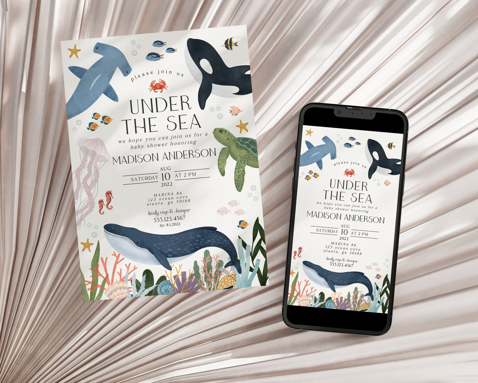 Under the Sea Baby Shower Invitation Template, Nautical Ocean Party Decor for Boy Baby Shower, Sea Life Baby Sprinkle, Gender Neutral