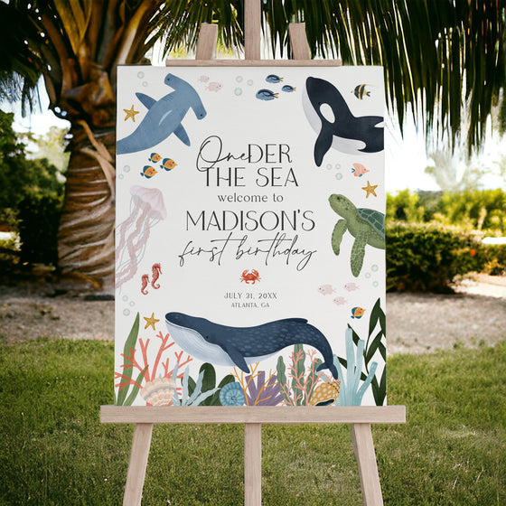 One-der the Sea First Birthday Welcome Sign Template, Under the Sea First Birthday, Nautical Ocean Party Decor for Boy Sea Life Bday Party