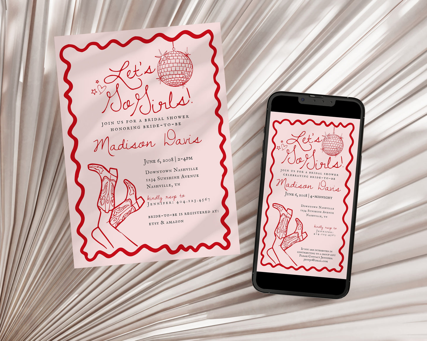 Disco Cowgirl Bridal Shower Invitation Printable Template, Hand drawn rodeo party decor for Nashville theme bridal shower for Texas Bride