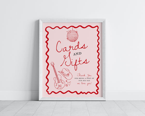 Disco Cowgirl Cards & Gifts and Favors Sign Printable Template, Hand drawn rodeo party decor for Nashville weekend bachelorette party bash