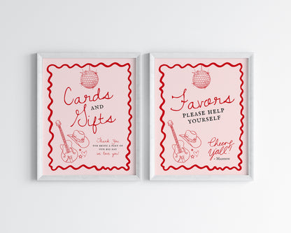 Disco Cowgirl Cards & Gifts and Favors Sign Printable Template, Hand drawn rodeo party decor for Nashville weekend bachelorette party bash