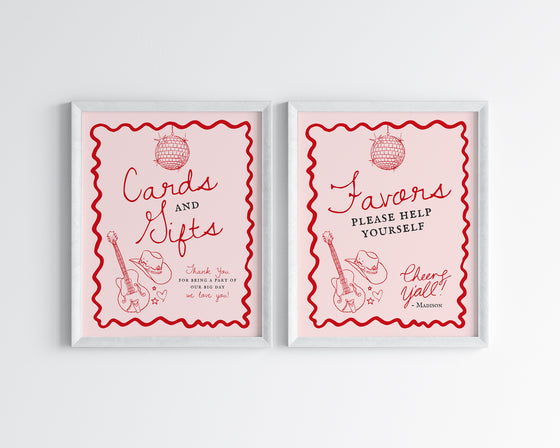 Disco Cowgirl Cards & Gifts and Favors Sign Printable Template, Hand drawn rodeo party decor for Nashville weekend bachelorette party bash