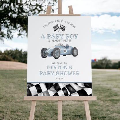 Blue Race Car Baby Shower Mini Bundle Template, digital files for baby shower for boy, printable retro vintage race car party, race on over