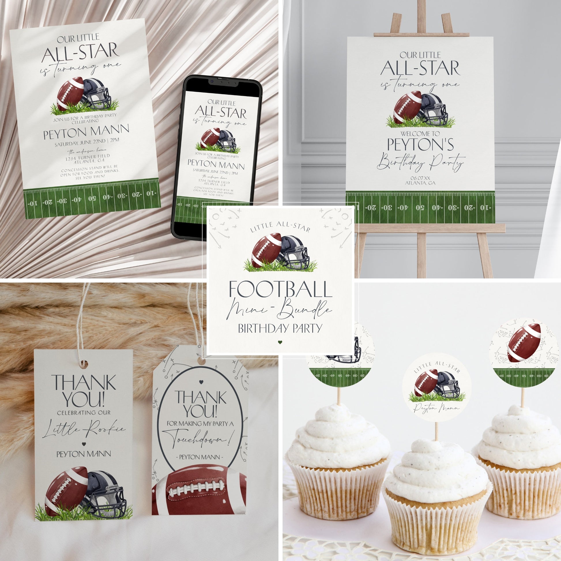 Football Birthday Party Mini Bundle Printable Template, Little All-Star Theme Birthday for Boy, Little Rookie Party Touchdown Birthday Decor