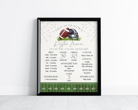 Football First Year Down Milestone Sign Printable Template, Little All-Star Theme 1st Birthday for Boy, Little Rookie Touchdown Party