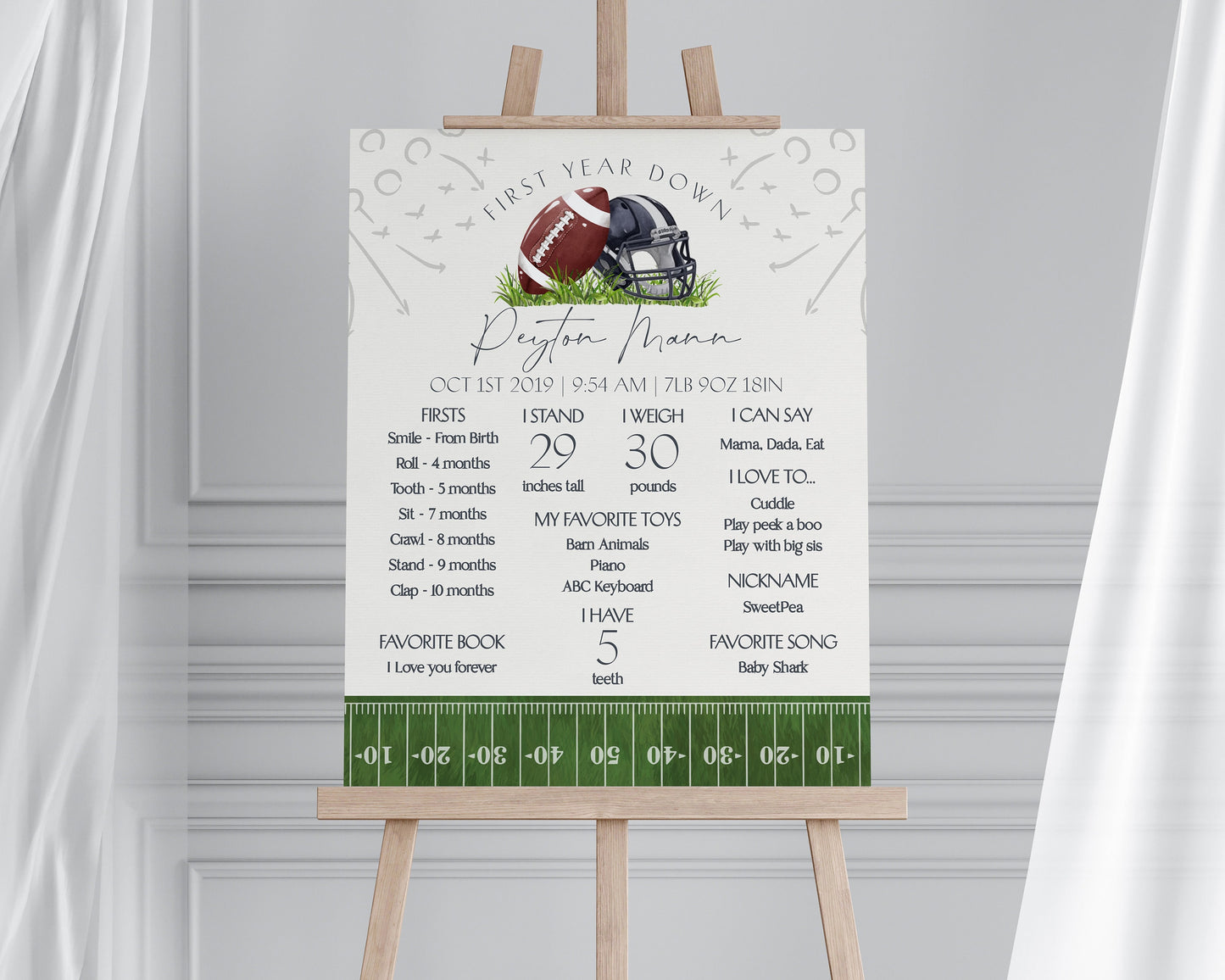 Football First Year Down Milestone Sign Printable Template, Little All-Star Theme 1st Birthday for Boy, Little Rookie Touchdown Party