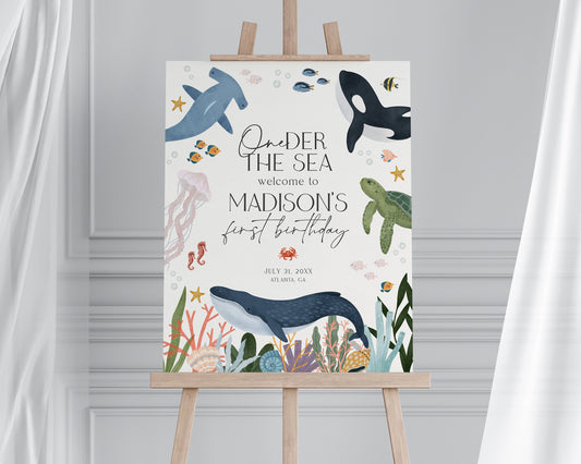 One-der the Sea First Birthday Welcome Sign Template, Under the Sea First Birthday, Nautical Ocean Party Decor for Boy Sea Life Bday Party