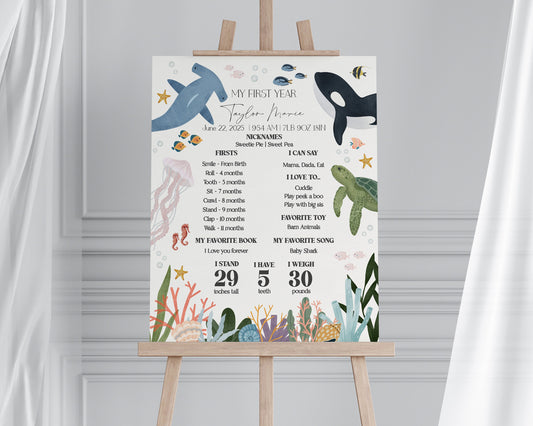 One-der the Sea First Year Milestone Sign Printable Template, Under the Sea First Birthday, Nautical Ocean Party Decor for Boy Sea Life Bday