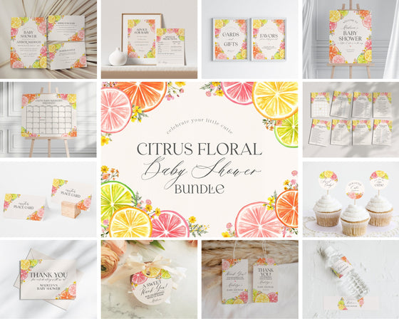 Citrus Floral Baby Shower Printable Bundle, Little Cutie Baby Sprinkle for Summer Baby Shower, Gender Neutral Florida Baby Shower Decor