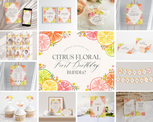 Citrus Floral First Birthday Bundle Printable Template, Little Cutie Party Decor for Summer Birthday Party, Mandarin 1st Birthday Party