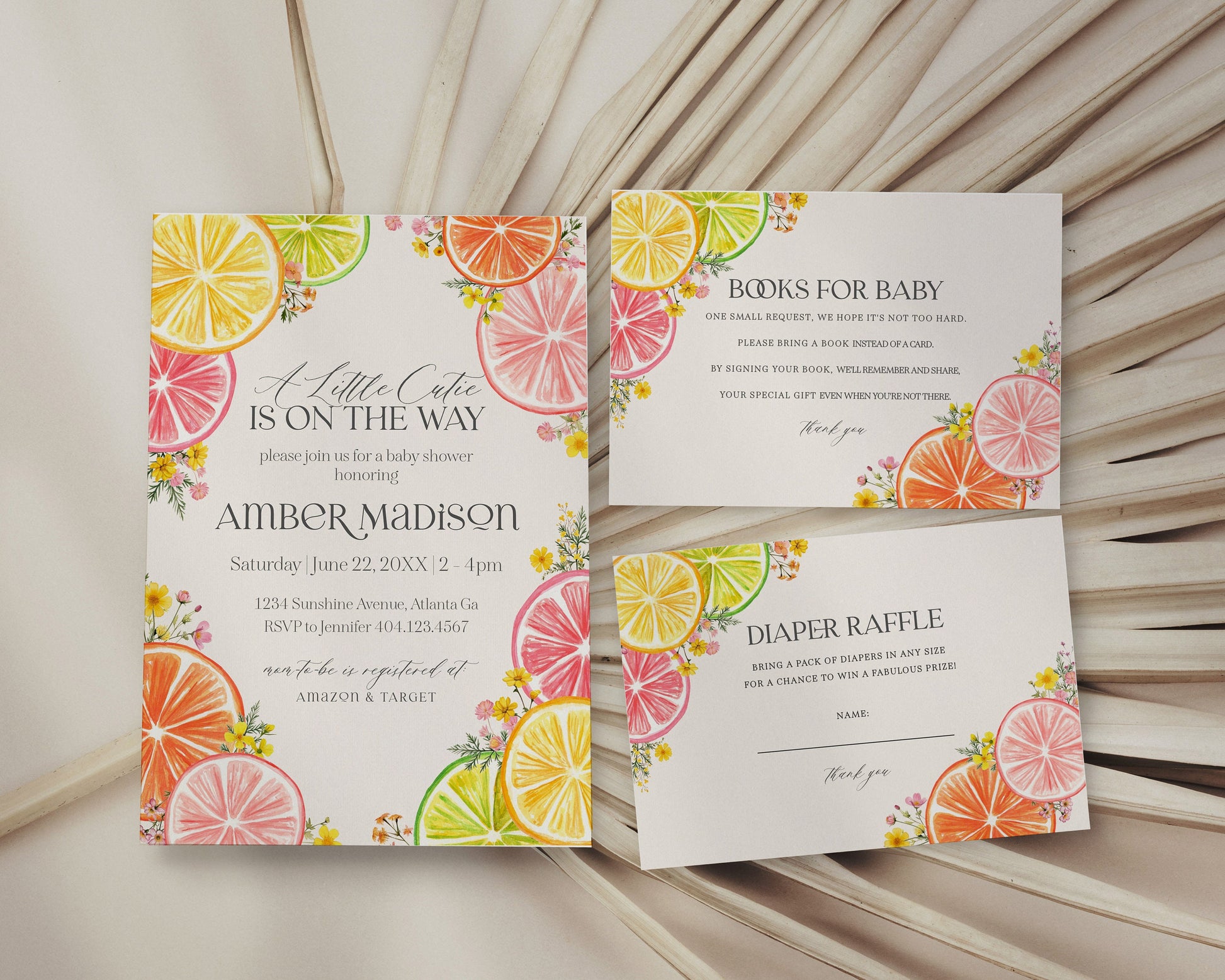 Citrus Floral Baby Shower Invitation Printable Template, Little Cutie Baby Sprinkle for Summer Baby Shower, Gender Neutral Florida Decor