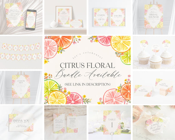 Citrus Floral Birthday Welcome Sign Printable Template, Little Cutie Coastal Party Decor for Summer Tropical Birthday Party Decor