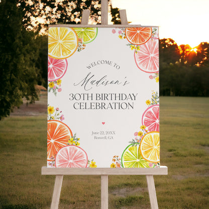 Citrus Floral Birthday Welcome Sign Printable Template, Little Cutie Coastal Party Decor for Summer Tropical Birthday Party Decor