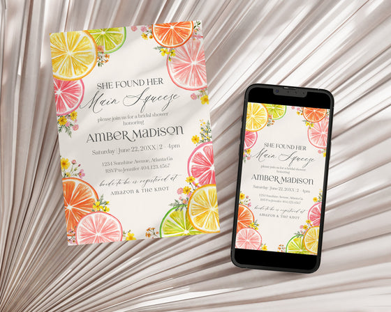 Citrus Floral Bridal Shower Invitation Printable Template, Main Squeeze Bridal Brunch for Summer Bridal Shower, Florida Bridal Shower Decor