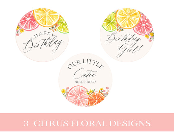 Citrus Floral Birthday Cupcake Toppers Printable Template, Little Cutie Coastal Party Decor for Summer Tropical Birthday Party Decor