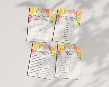 Citrus Floral Baby Shower Games Set Printable Template, Little Cutie Baby Sprinkle for Summer Baby Shower, Gender Neutral Florida Decor