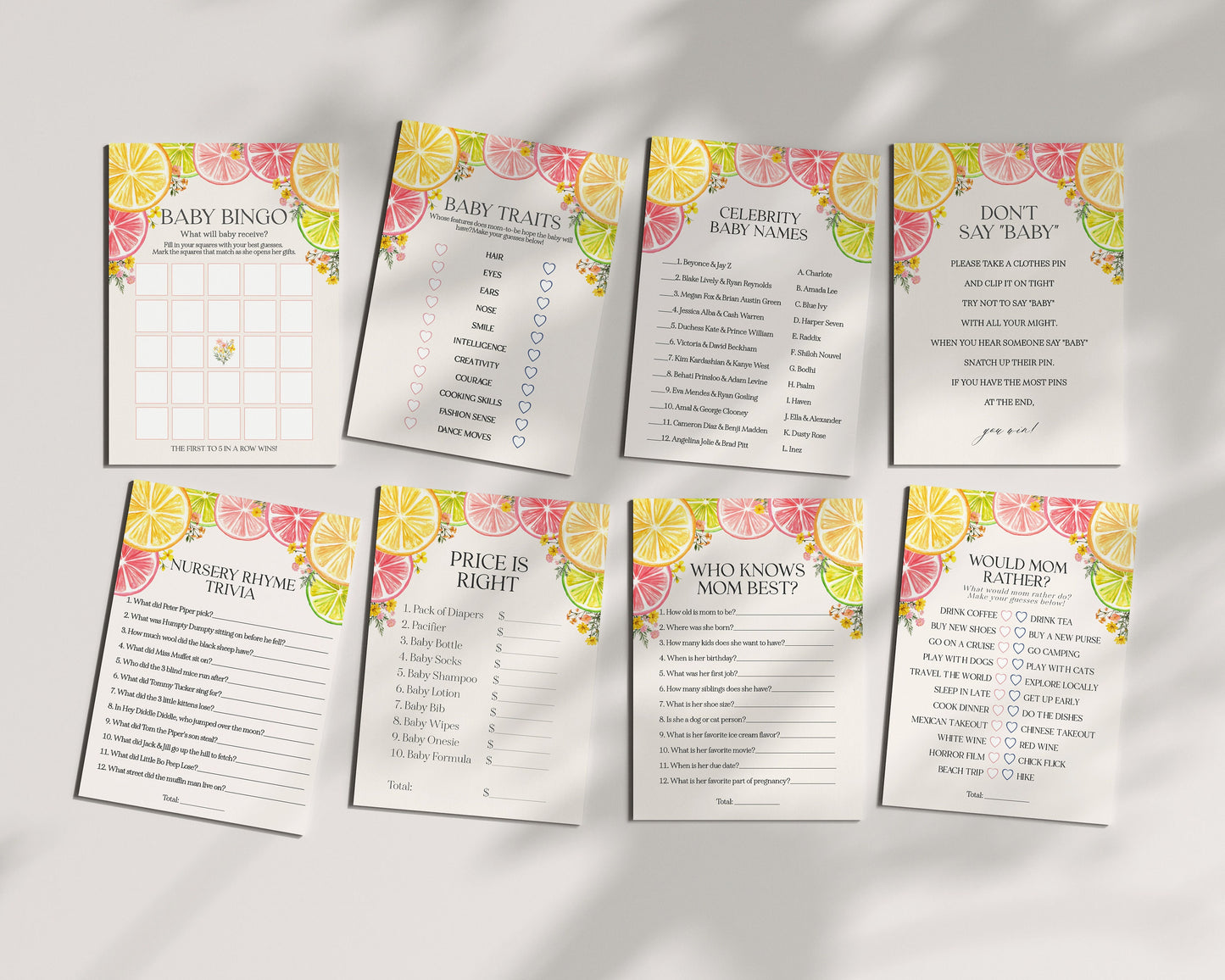 Citrus Floral Baby Shower Games Set Printable Template, Little Cutie Baby Sprinkle for Summer Baby Shower, Gender Neutral Florida Decor