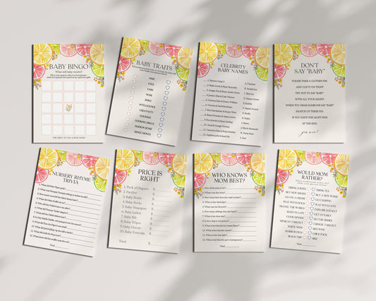 Citrus Floral Baby Shower Games Set Printable Template, Little Cutie Baby Sprinkle for Summer Baby Shower, Gender Neutral Florida Decor