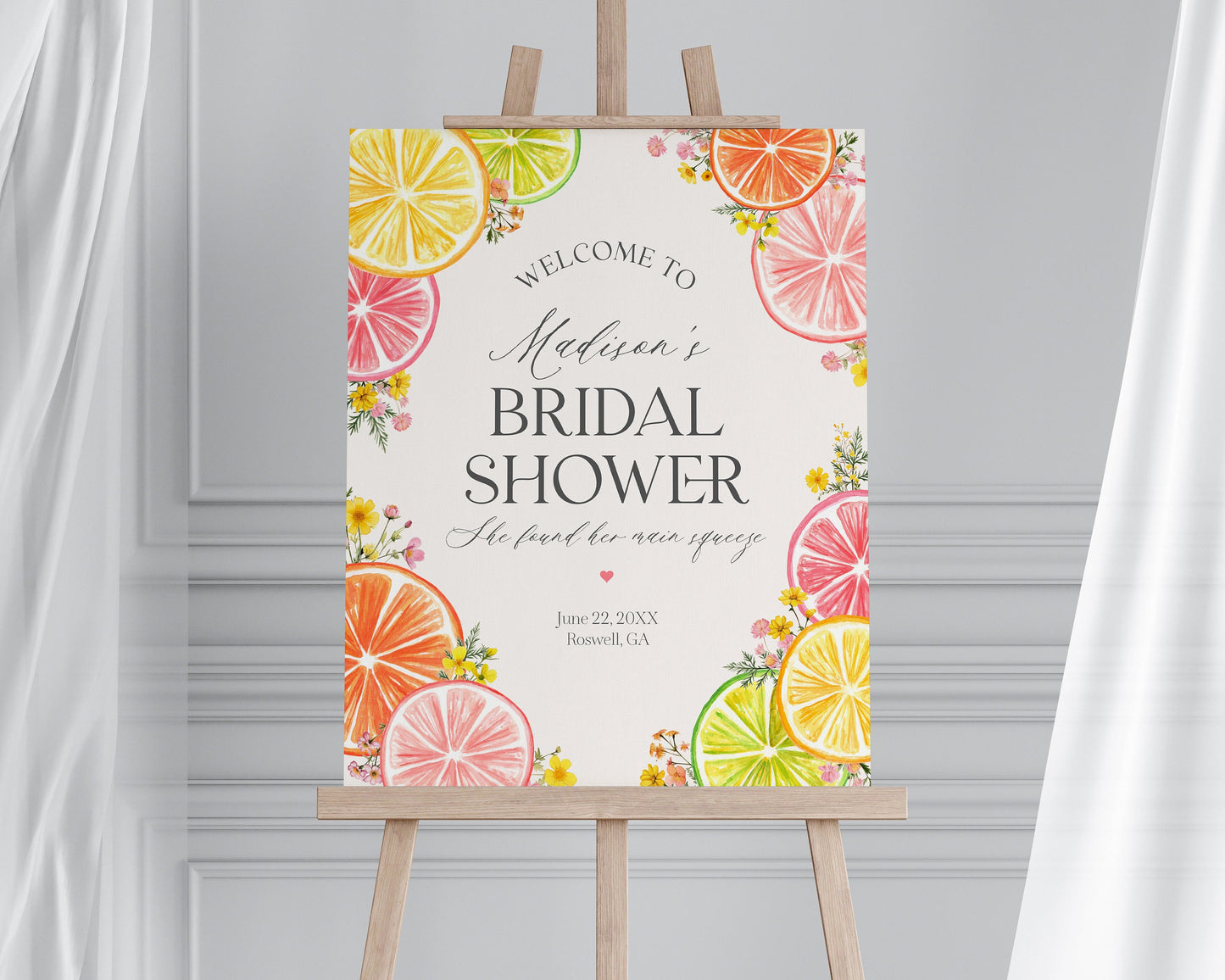 Citrus Floral Bridal Shower Welcome Sign Printable Template, Main Squeeze Bridal Brunch for Summer Bridal Shower, Florida Shower Decor