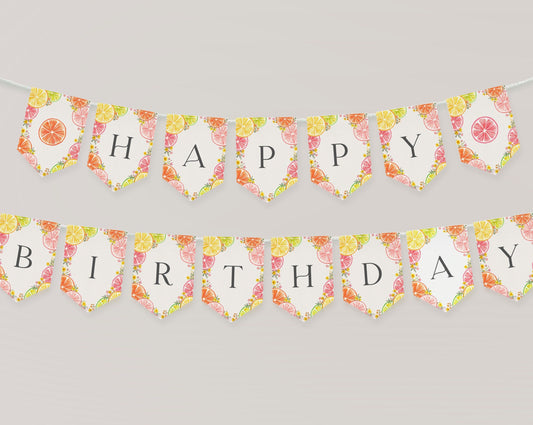 Citrus Floral Happy Birthday Banner Printable Template, Little Cutie Coastal Party Decor for Summer Tropical Birthday Party Decor