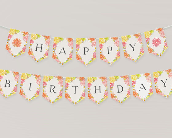 Citrus Floral Happy Birthday Banner Printable Template, Little Cutie Coastal Party Decor for Summer Tropical Birthday Party Decor