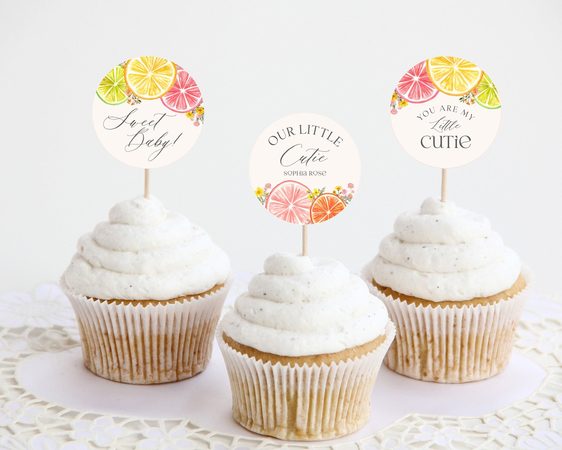 Citrus Floral Baby Shower Cupcake Toppers Printable Template, Little Cutie Baby Sprinkle for Summer Baby Shower, Florida Baby Shower Decor