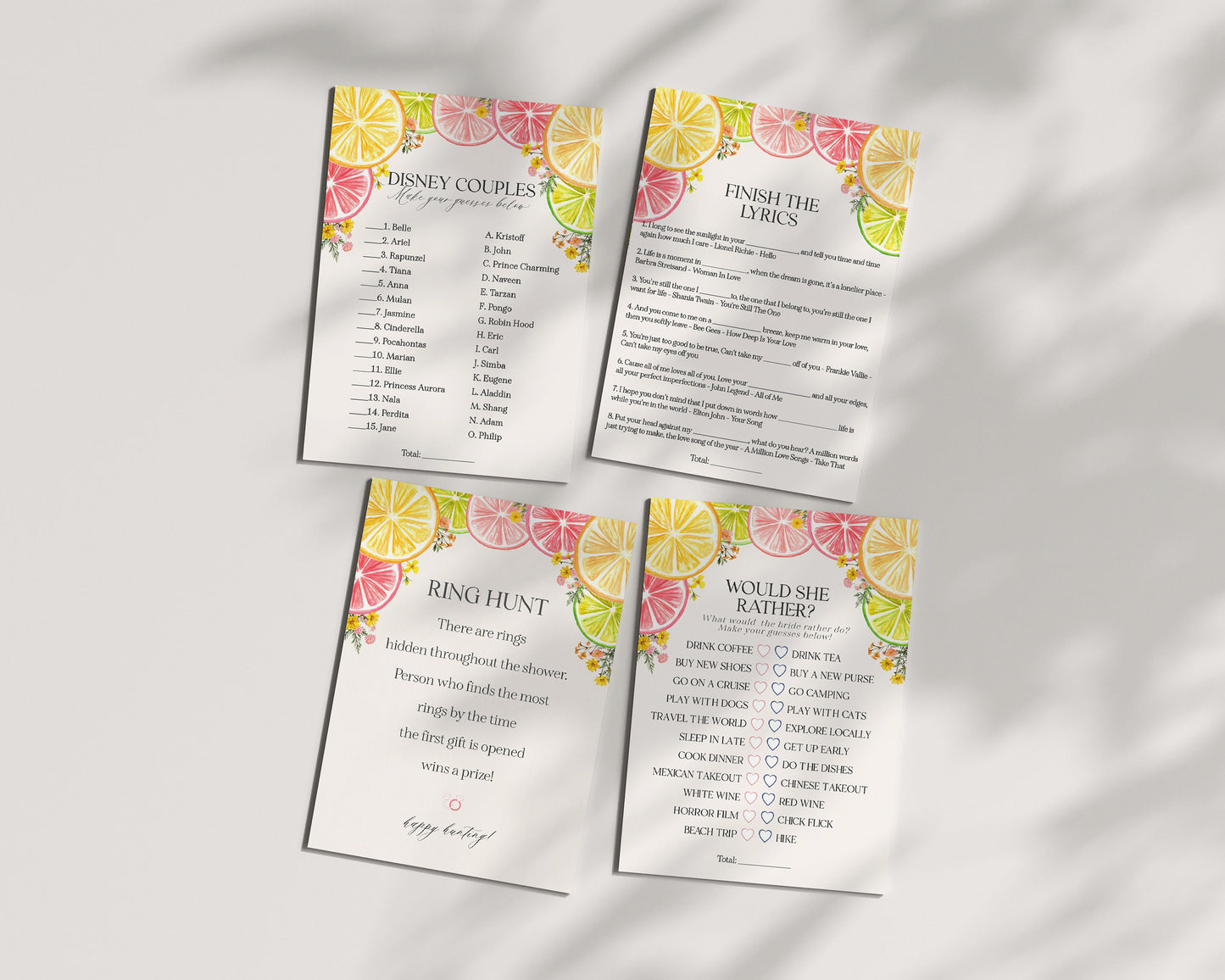 Citrus Floral Bridal Shower Games Set Printable Template, Main Squeeze Bridal Brunch for Summer Bridal Shower, Florida Bridal Shower Decor