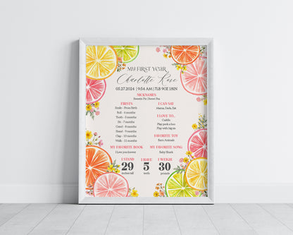 Citrus Floral My First Year Milestone Sign Printable Template, Little Cutie Coastal 1st Birthday Party Decor for Summer Tropical Bday Party